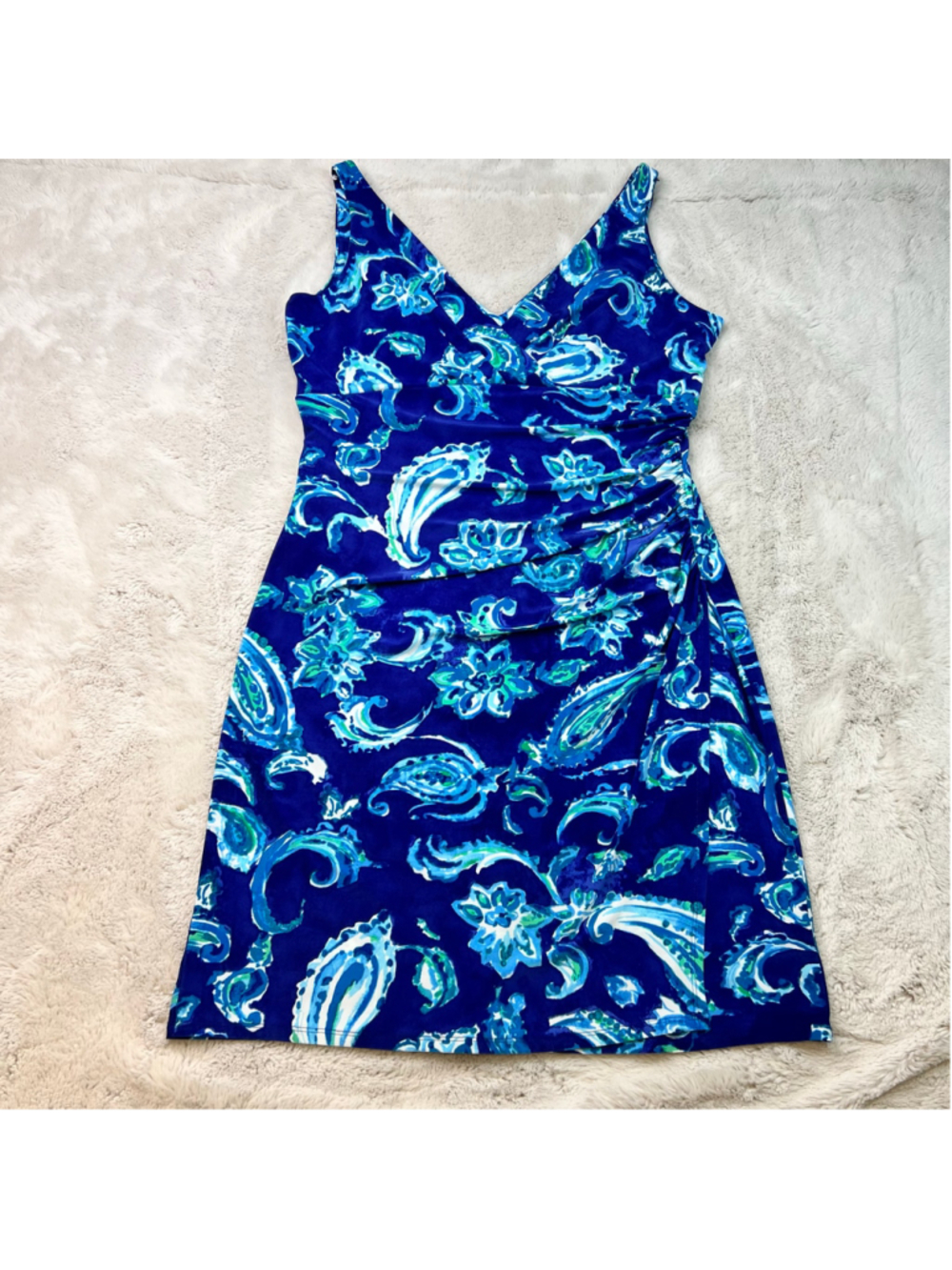 Lauren Ralph Lauren Midi Dress Size 16 Blue Paisley Faux Wrap Stretchy Vneck